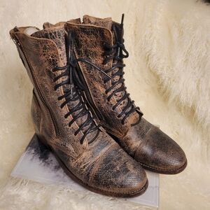 Womens Brown Distressed Leather Lace-Up Side Zipper BED|STÜ Mid-Calf Boots Sz 7